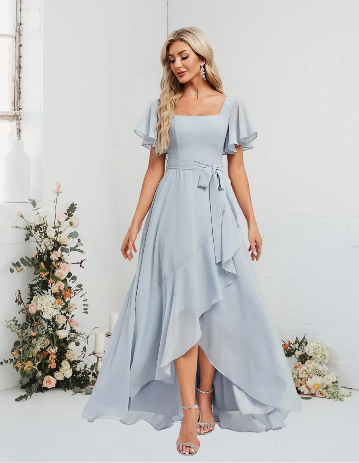 Aoruisen Flutter Sleeves Bridesmaid Dresses for Women Square Neck Long A-Line Chiffon Formal Evening Party Dress with Slit