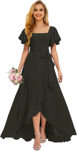 Aoruisen Flutter Sleeves Bridesmaid Dresses for Women Square Neck Long A-Line Chiffon Formal Evening Party Dress with Slit