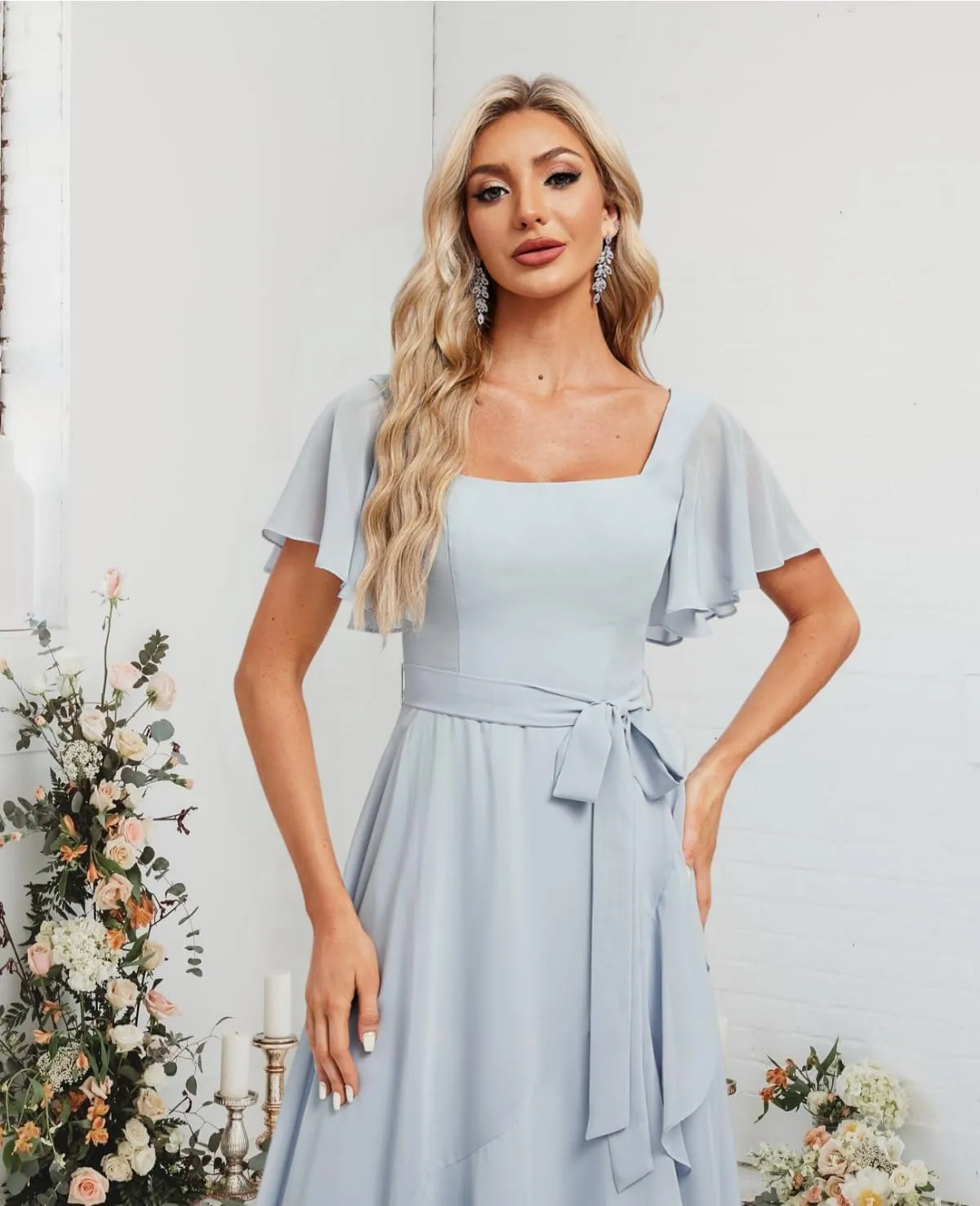 Aoruisen Flutter Sleeves Bridesmaid Dresses for Women Square Neck Long A-Line Chiffon Formal Evening Party Dress with Slit