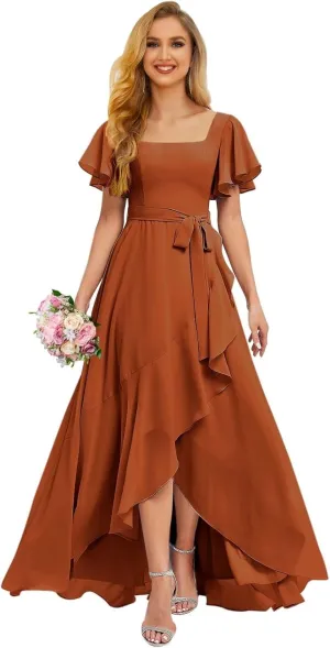 Aoruisen Flutter Sleeves Bridesmaid Dresses for Women Square Neck Long A-Line Chiffon Formal Evening Party Dress with Slit