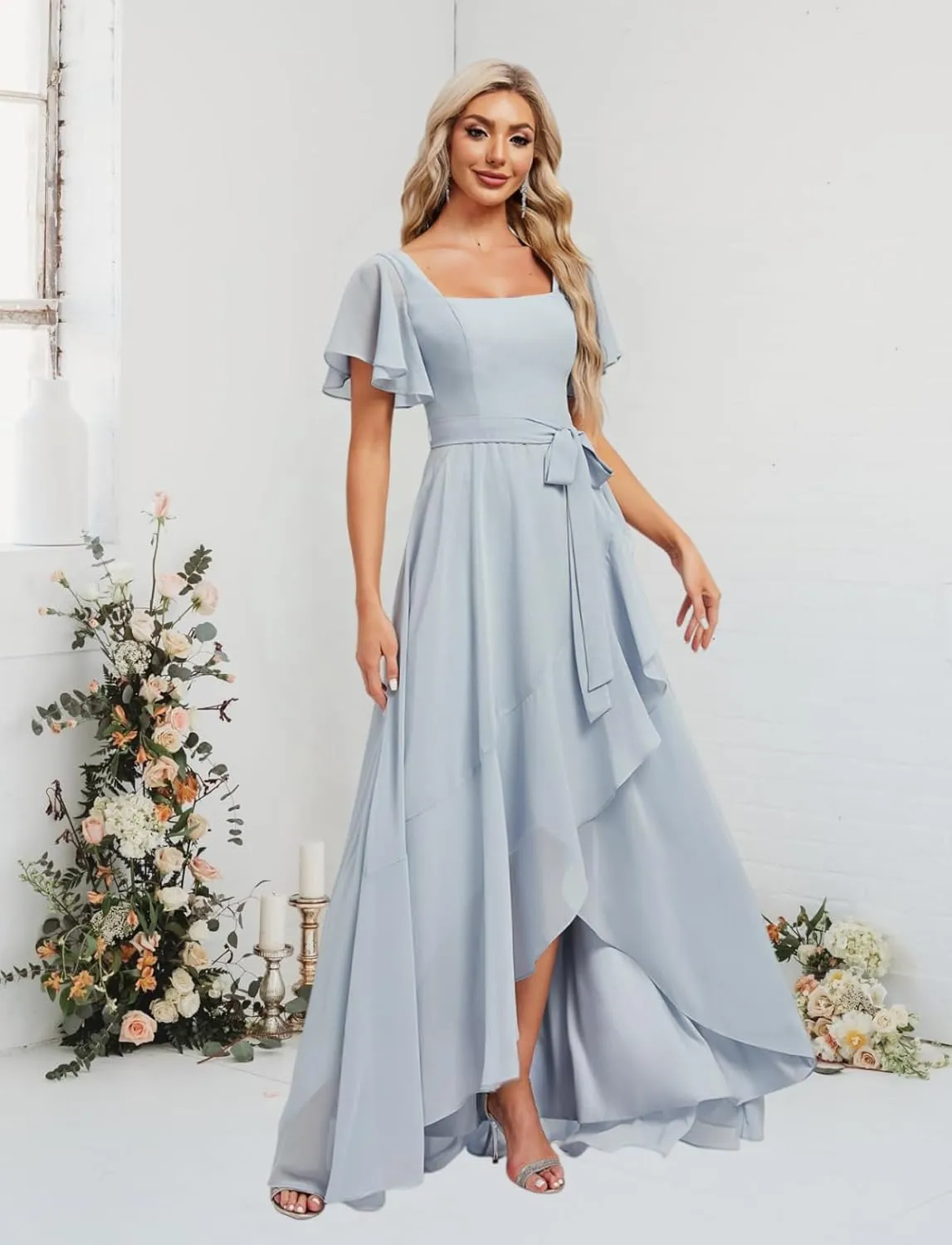 Aoruisen Flutter Sleeves Bridesmaid Dresses for Women Square Neck Long A-Line Chiffon Formal Evening Party Dress with Slit
