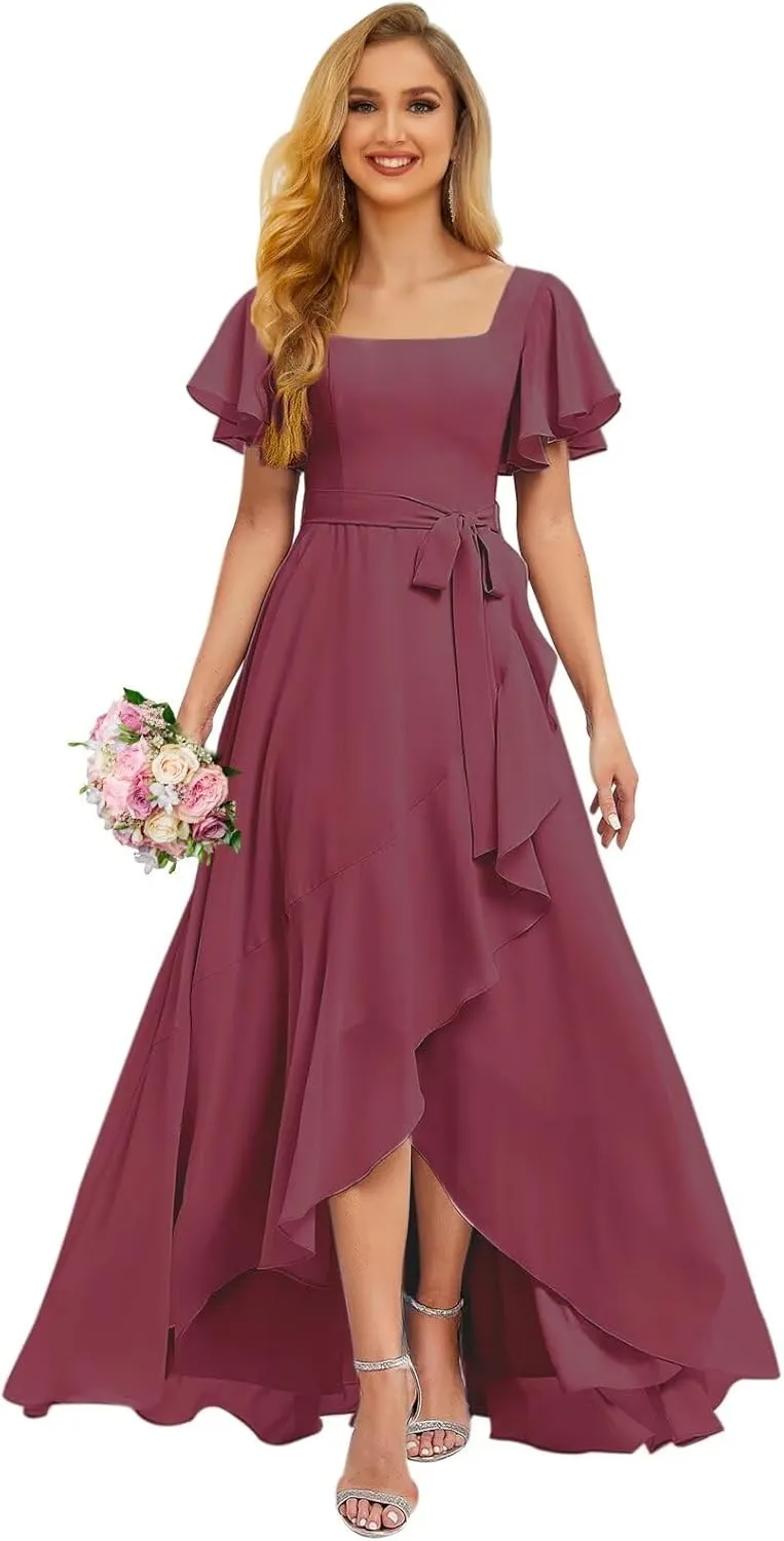 Aoruisen Flutter Sleeves Bridesmaid Dresses for Women Square Neck Long A-Line Chiffon Formal Evening Party Dress with Slit