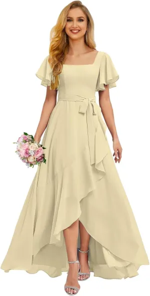 Aoruisen Flutter Sleeves Bridesmaid Dresses for Women Square Neck Long A-Line Chiffon Formal Evening Party Dress with Slit
