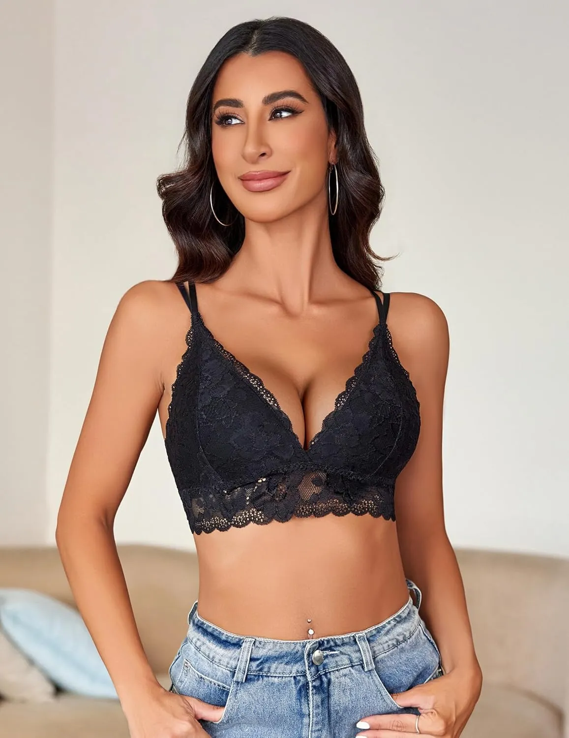 Avidlove Bras for Women Floral Lace Bralettes Deep V Sexy Bras Cross Back Longline Bralette No Padded