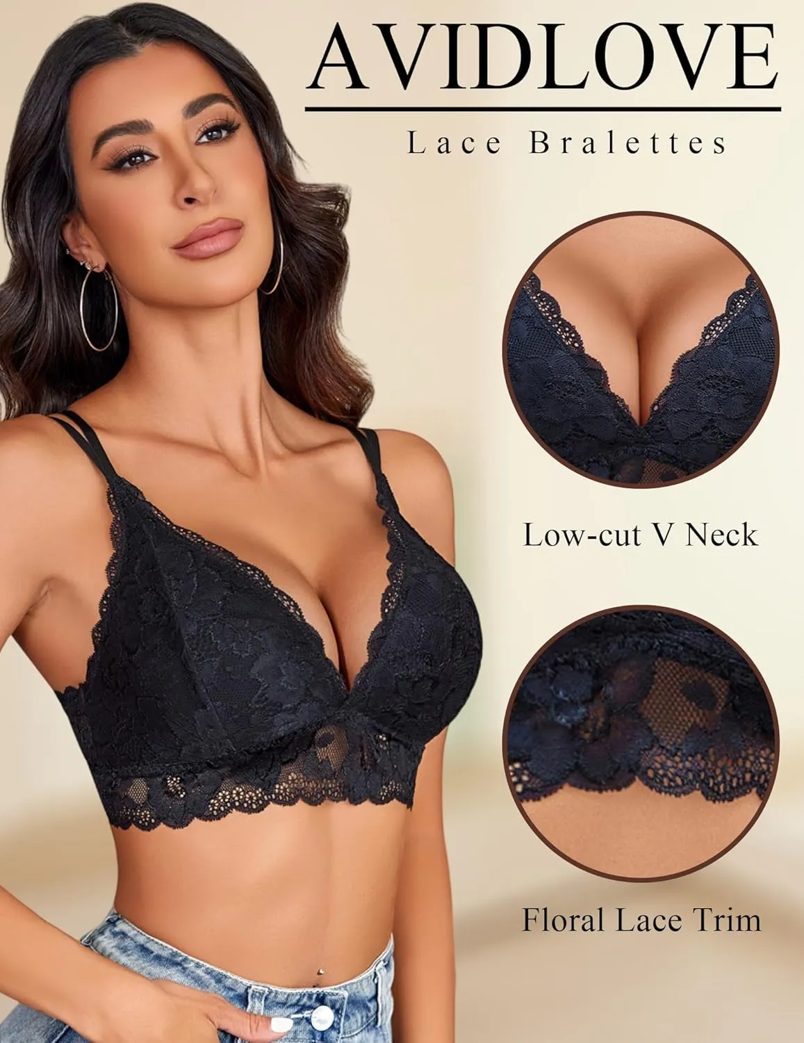 Avidlove Bras for Women Floral Lace Bralettes Deep V Sexy Bras Cross Back Longline Bralette No Padded