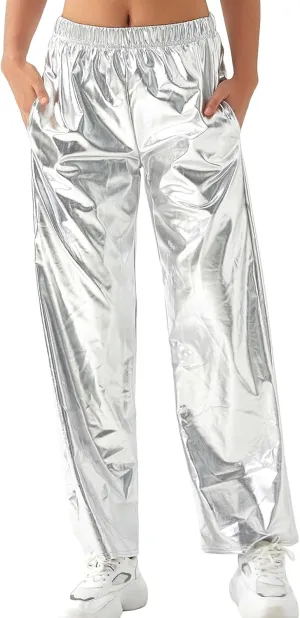 Awoscut Women's Metallic Shiny Trouser Pants Solid High Waist Disco Straight Leg Y2k Trousers for Party Dance Streetwear