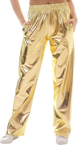Awoscut Women's Metallic Shiny Trouser Pants Solid High Waist Disco Straight Leg Y2k Trousers for Party Dance Streetwear