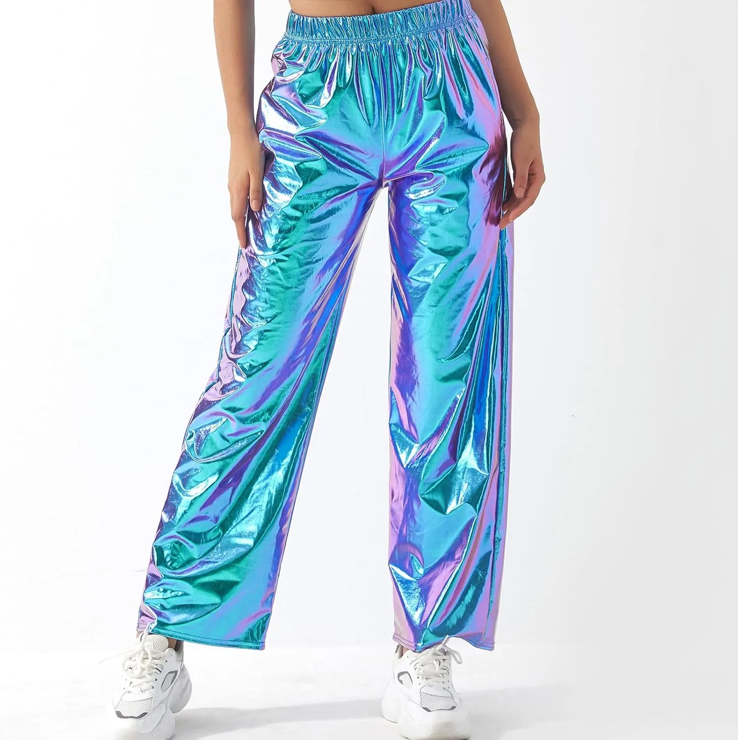 Awoscut Women's Metallic Shiny Trouser Pants Solid High Waist Disco Straight Leg Y2k Trousers for Party Dance Streetwear