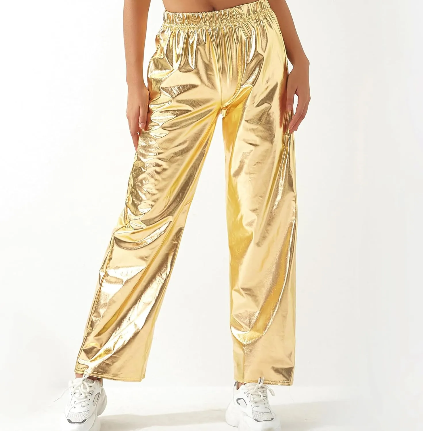 Awoscut Women's Metallic Shiny Trouser Pants Solid High Waist Disco Straight Leg Y2k Trousers for Party Dance Streetwear