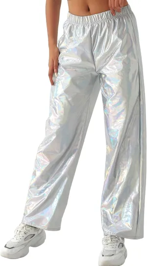 Awoscut Women's Metallic Shiny Trouser Pants Solid High Waist Disco Straight Leg Y2k Trousers for Party Dance Streetwear