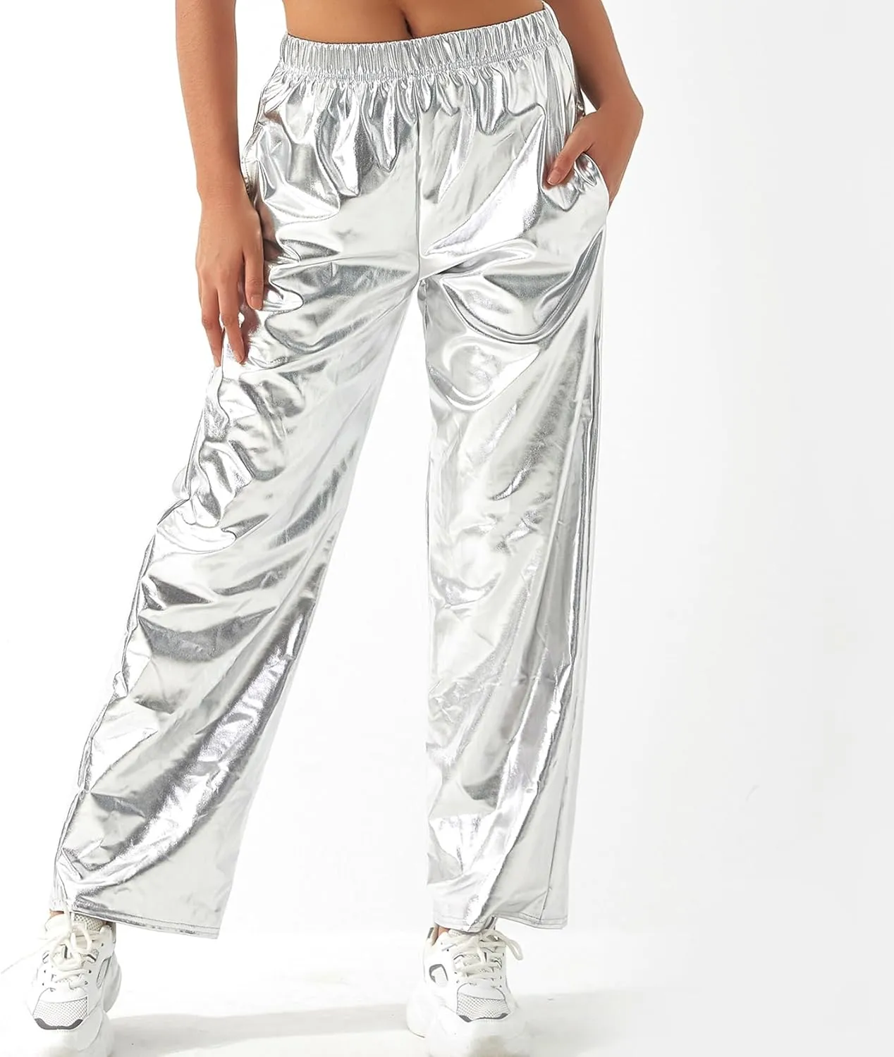 Awoscut Women's Metallic Shiny Trouser Pants Solid High Waist Disco Straight Leg Y2k Trousers for Party Dance Streetwear