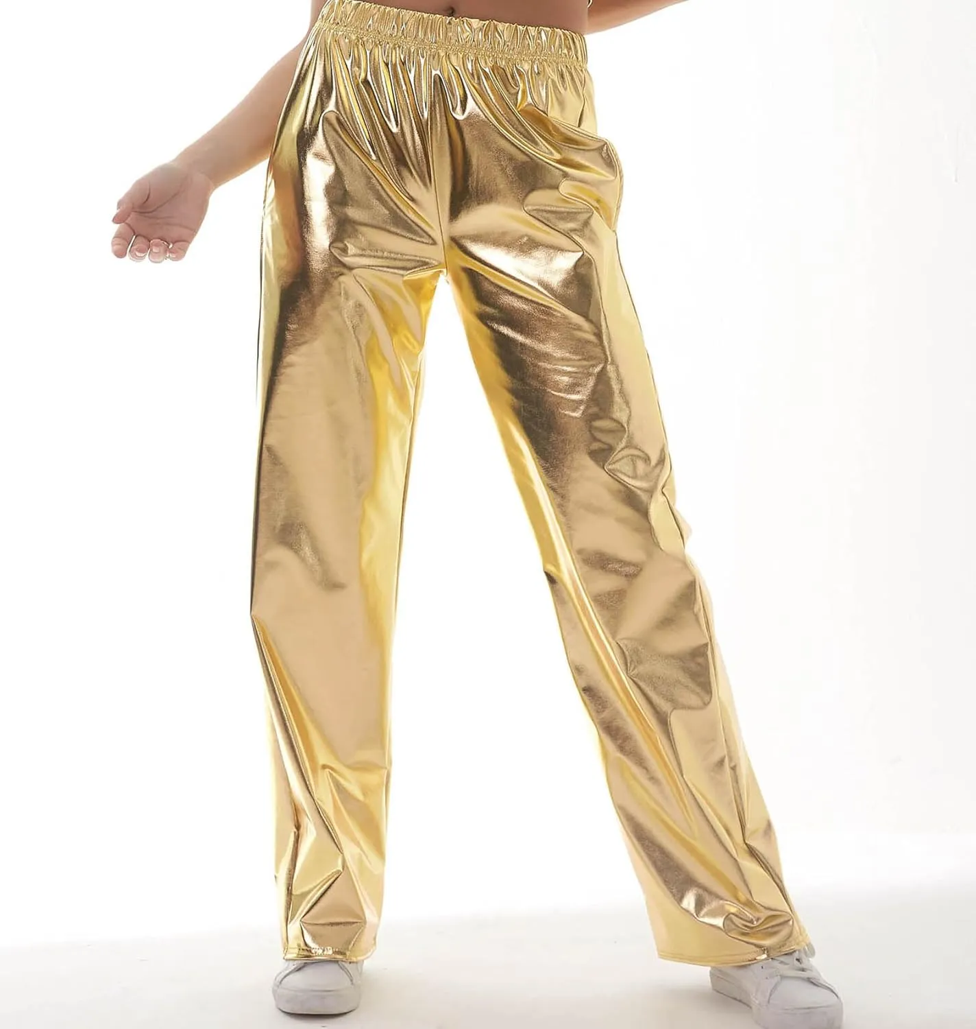 Awoscut Women's Metallic Shiny Trouser Pants Solid High Waist Disco Straight Leg Y2k Trousers for Party Dance Streetwear