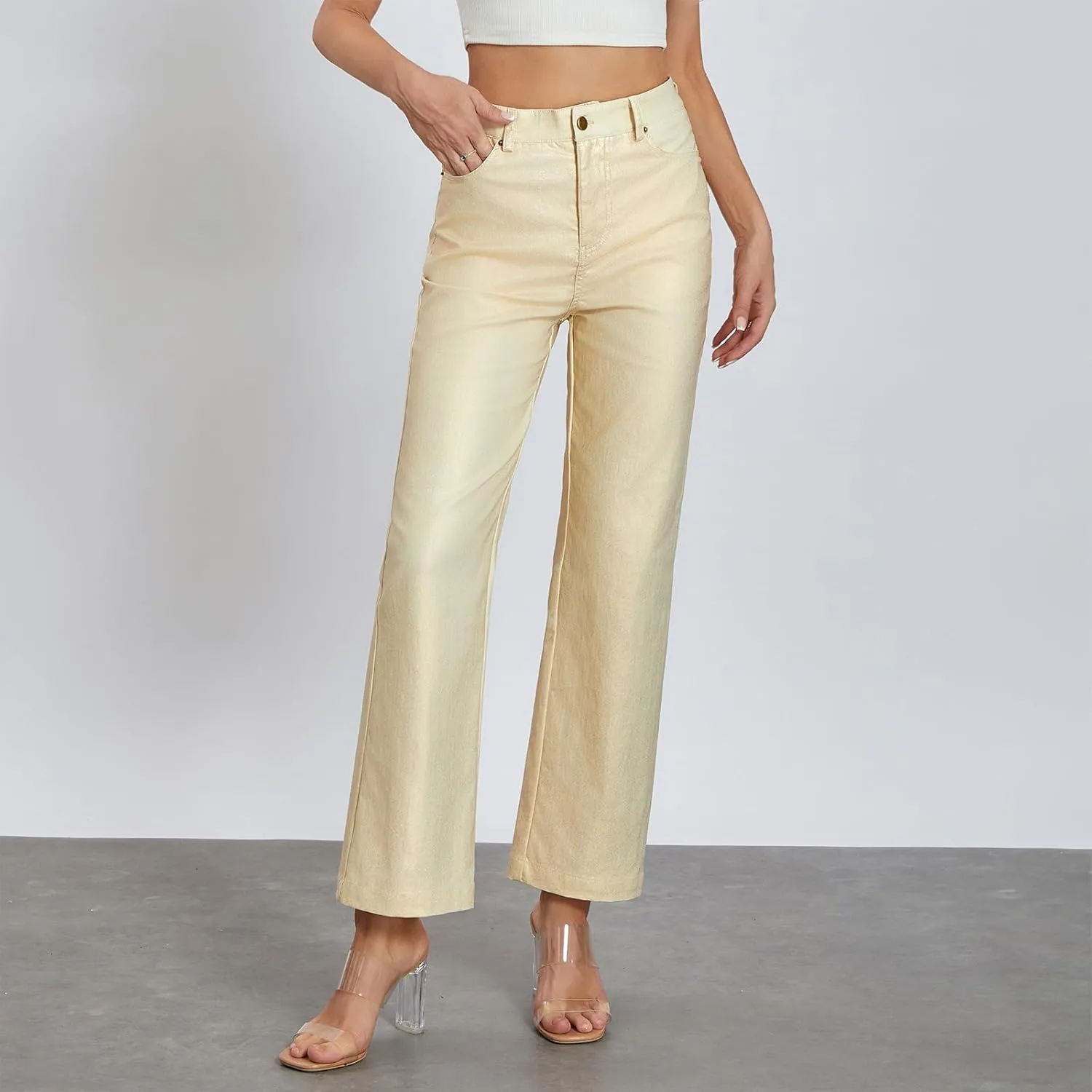 Awoscut Women's Metallic Shiny Trouser Pants Solid High Waist Disco Straight Leg Y2k Trousers for Party Dance Streetwear