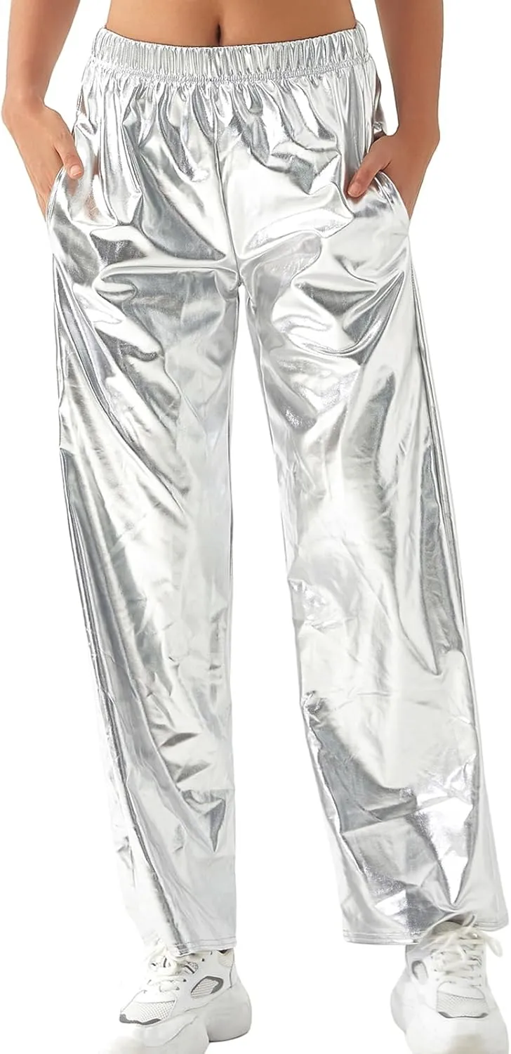 Awoscut Women's Metallic Shiny Trouser Pants Solid High Waist Disco Straight Leg Y2k Trousers for Party Dance Streetwear