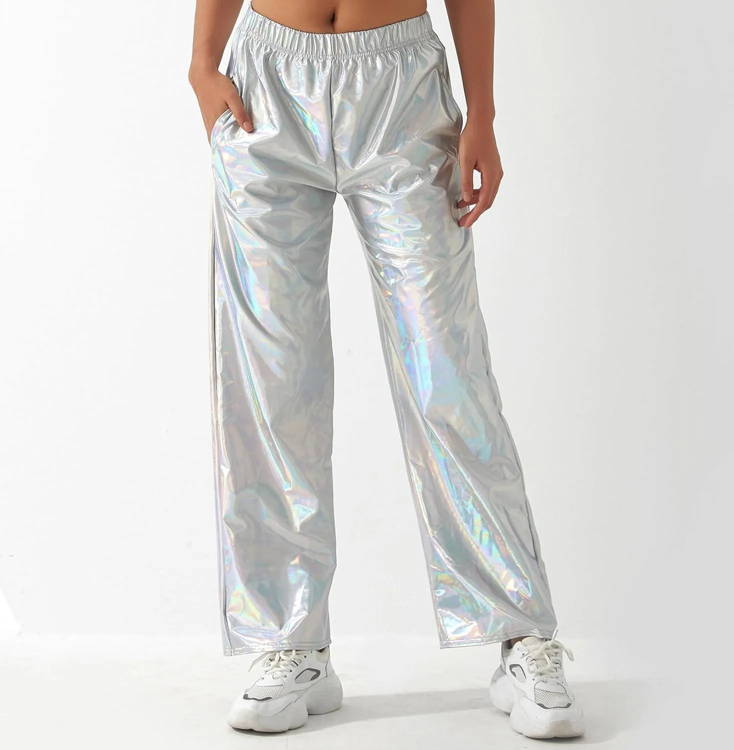 Awoscut Women's Metallic Shiny Trouser Pants Solid High Waist Disco Straight Leg Y2k Trousers for Party Dance Streetwear