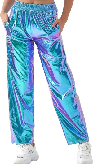 Awoscut Women's Metallic Shiny Trouser Pants Solid High Waist Disco Straight Leg Y2k Trousers for Party Dance Streetwear