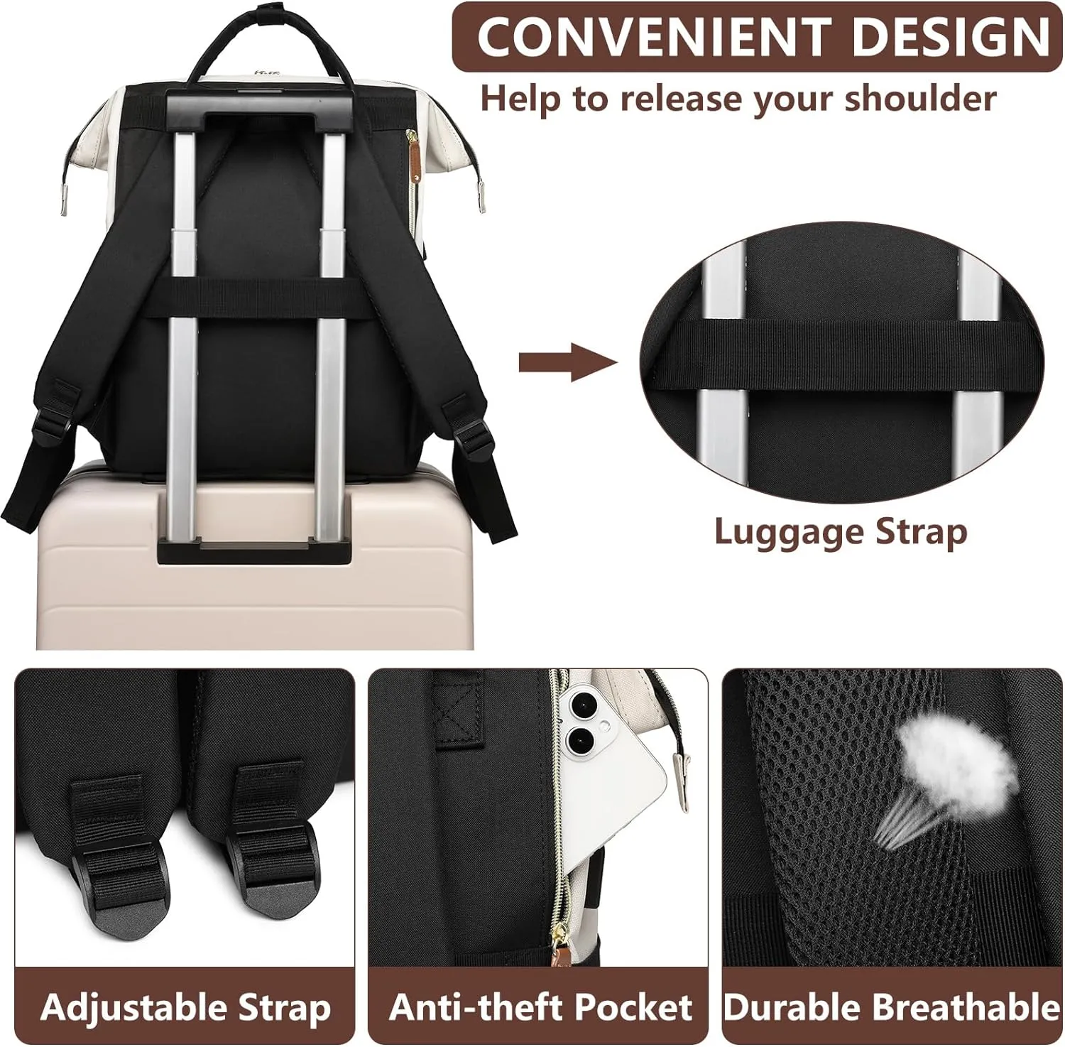 Backpack for Women, Fits 15.6 Inch Laptop Bag Fashion Travel Work Bag, Business Computer Waterproof Backpack Purse, College Backpacks Beige Black Brown