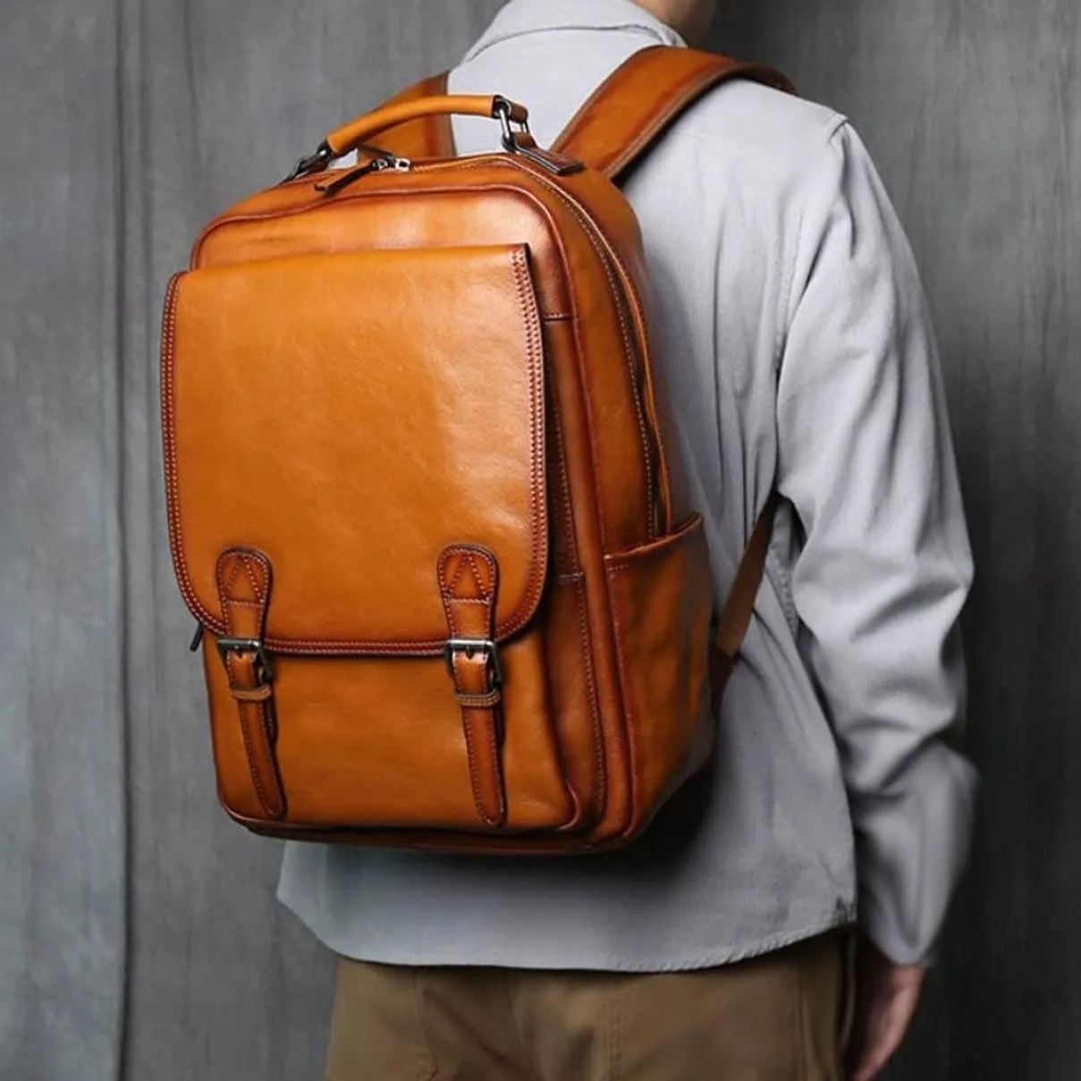 Backpacks Mens Genuine Leather Briefcases Computers Bags Laptop Bags Casual Daypack Luggage Travel Bags(Brown-1)