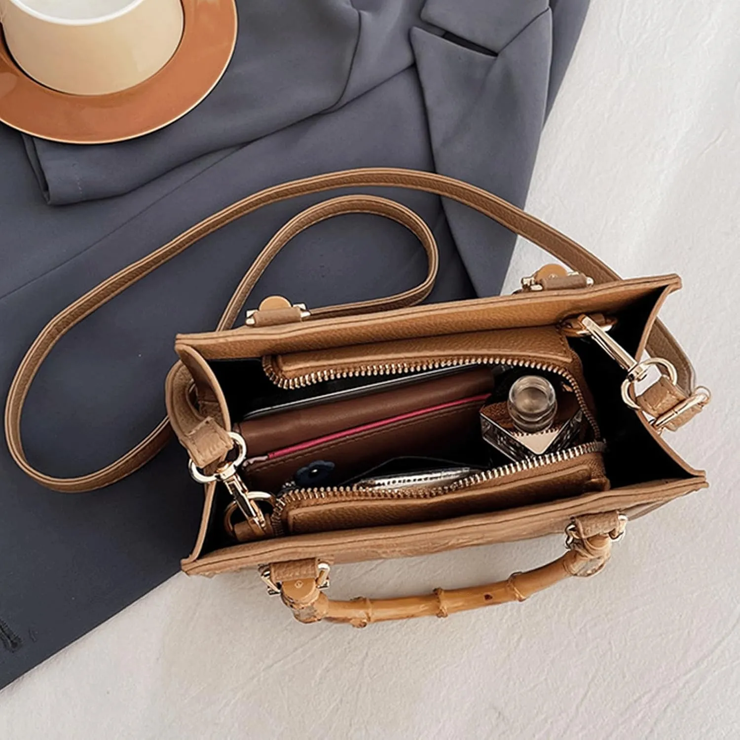Bamboo Handle Purse for Woman Retro Crocodile Embossed PU Leather Handbag Cute Elegant Purses Top Handle Bag