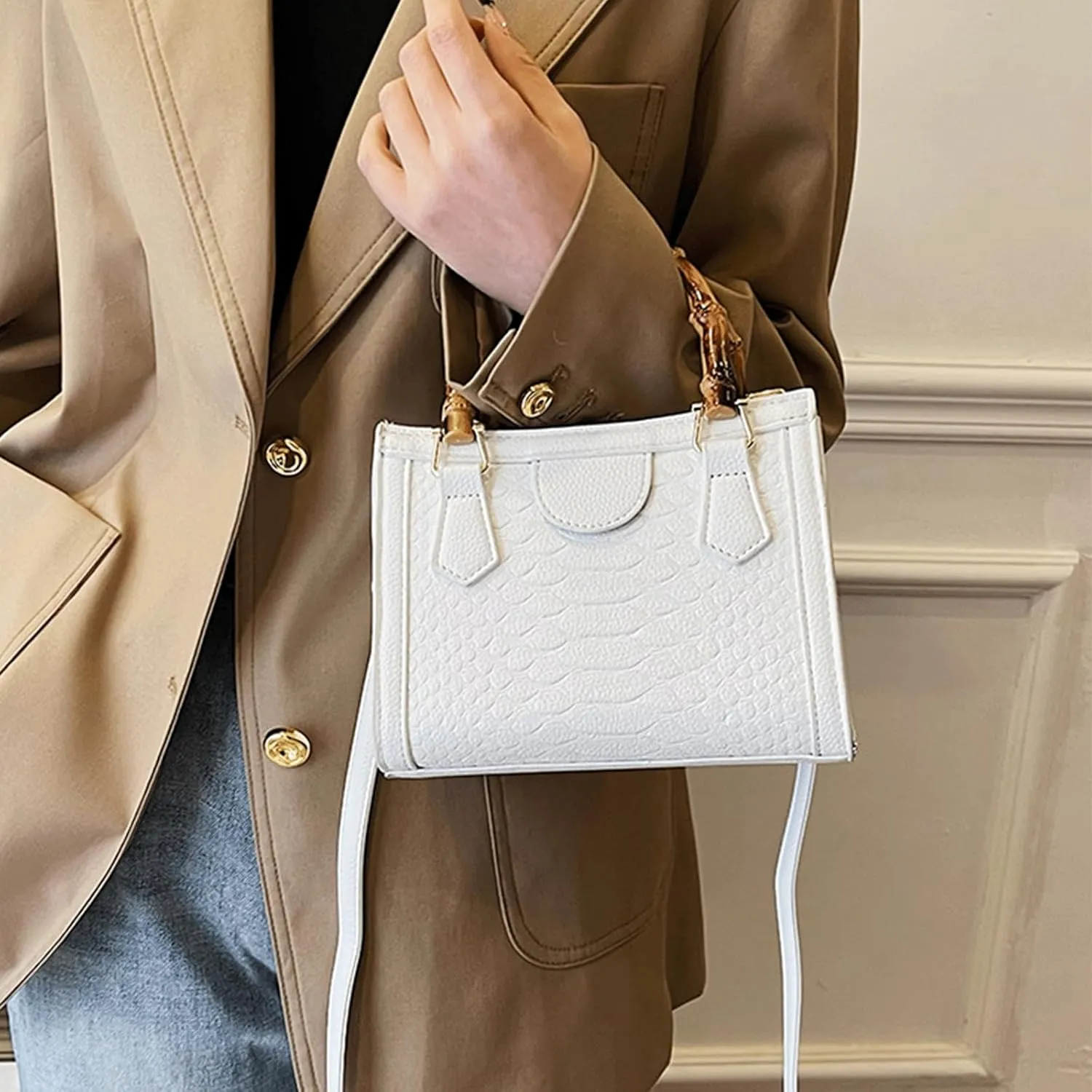 Bamboo Handle Purse for Woman Retro Crocodile Embossed PU Leather Handbag Cute Elegant Purses Top Handle Bag