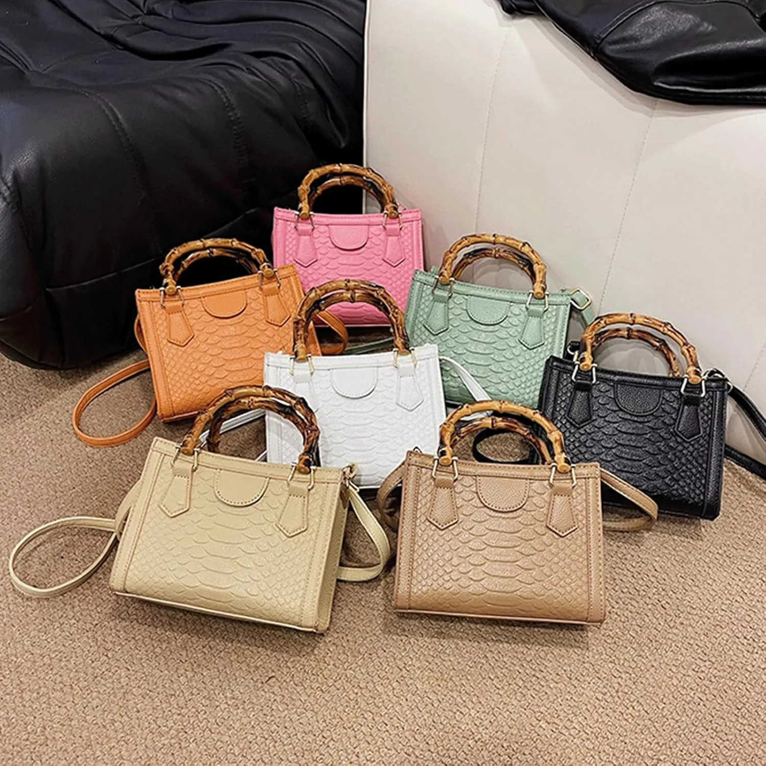 Bamboo Handle Purse for Woman Retro Crocodile Embossed PU Leather Handbag Cute Elegant Purses Top Handle Bag