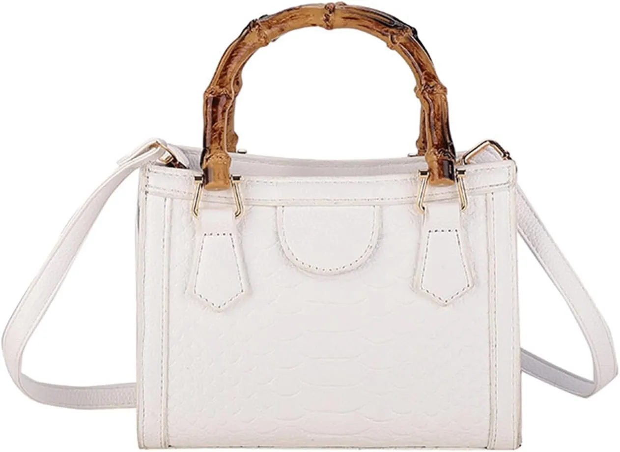 Bamboo Handle Purse for Woman Retro Crocodile Embossed PU Leather Handbag Cute Elegant Purses Top Handle Bag