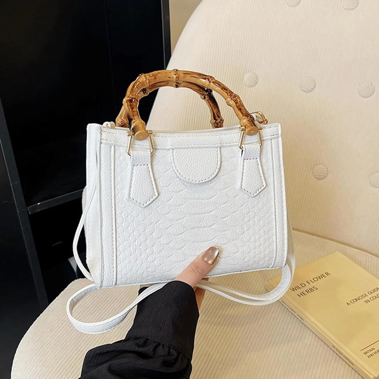 Bamboo Handle Purse for Woman Retro Crocodile Embossed PU Leather Handbag Cute Elegant Purses Top Handle Bag
