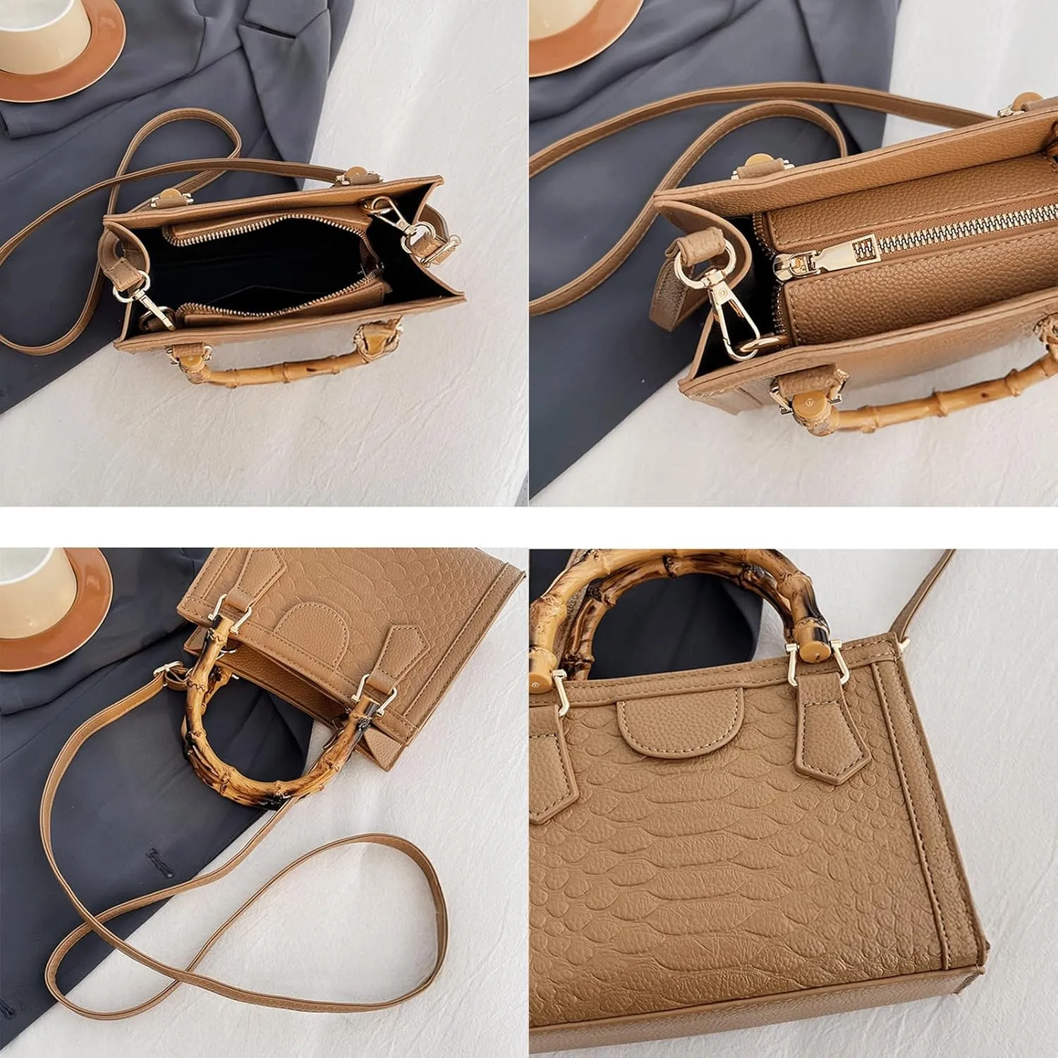 Bamboo Handle Purse for Woman Retro Crocodile Embossed PU Leather Handbag Cute Elegant Purses Top Handle Bag
