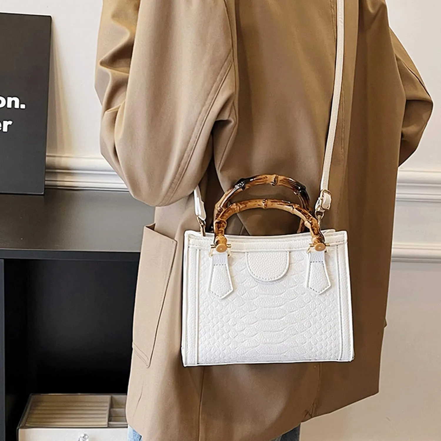 Bamboo Handle Purse for Woman Retro Crocodile Embossed PU Leather Handbag Cute Elegant Purses Top Handle Bag