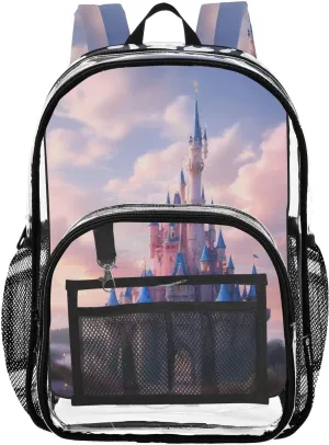 Beauty Castle Clear Backpack with Back Print, Heavy Duty See Through Backpacks PVC Transparent Daypack for Travel Security