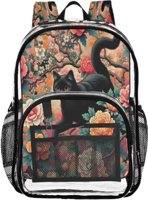 Black Cat and Japanese Flowers Clear Backpack with Back Print, Heavy Duty See Through Backpacks PVC Transparent Daypack for Travel Security