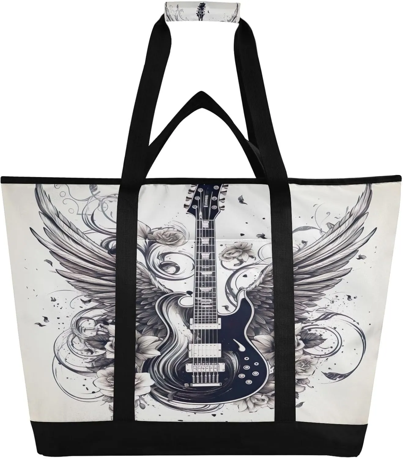 Black Guitar Tote Bag for Women with Zipper Reusable Grocery Bags Foldable Insulated Cooler Bag Shopping Bags Handbags Totes for Groceries Beach Picnic Travel Work