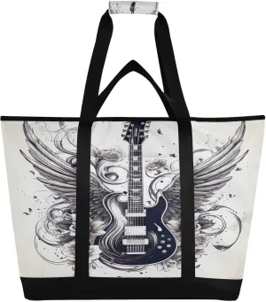 Black Guitar Tote Bag for Women with Zipper Reusable Grocery Bags Foldable Insulated Cooler Bag Shopping Bags Handbags Totes for Groceries Beach Picnic Travel Work