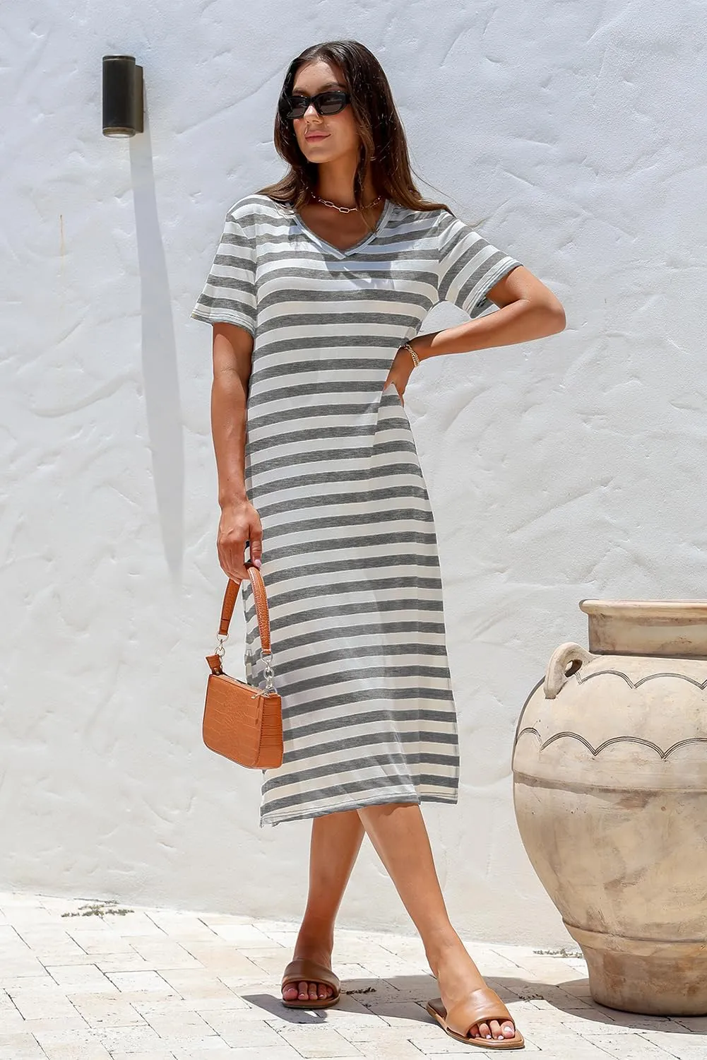 BLENCOT Women Summer Dress Striped Short Sleeve V Neck Sundress Casual Side Slit Beachwear T-Shirt Dresses