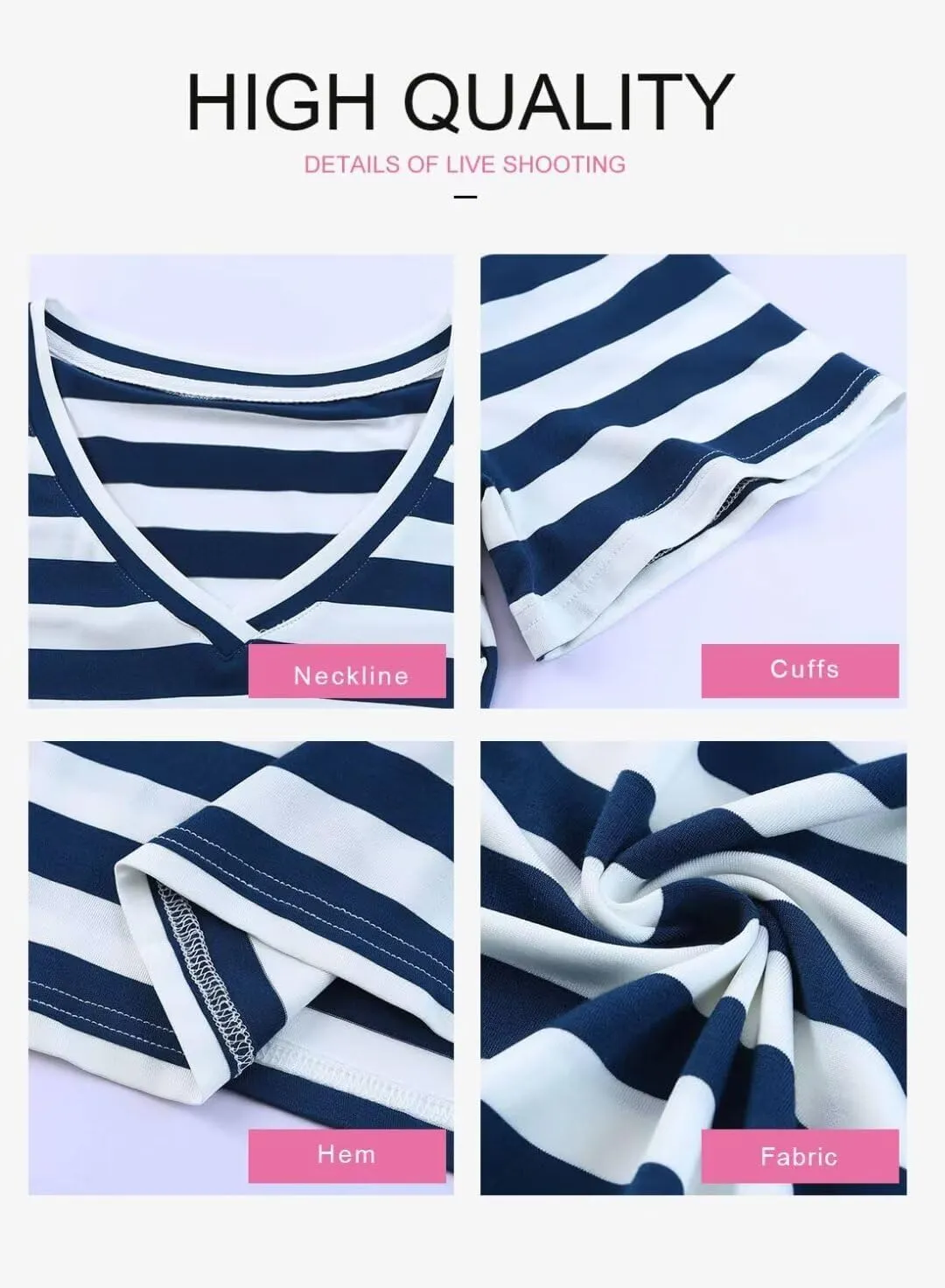 BLENCOT Women Summer Dress Striped Short Sleeve V Neck Sundress Casual Side Slit Beachwear T-Shirt Dresses