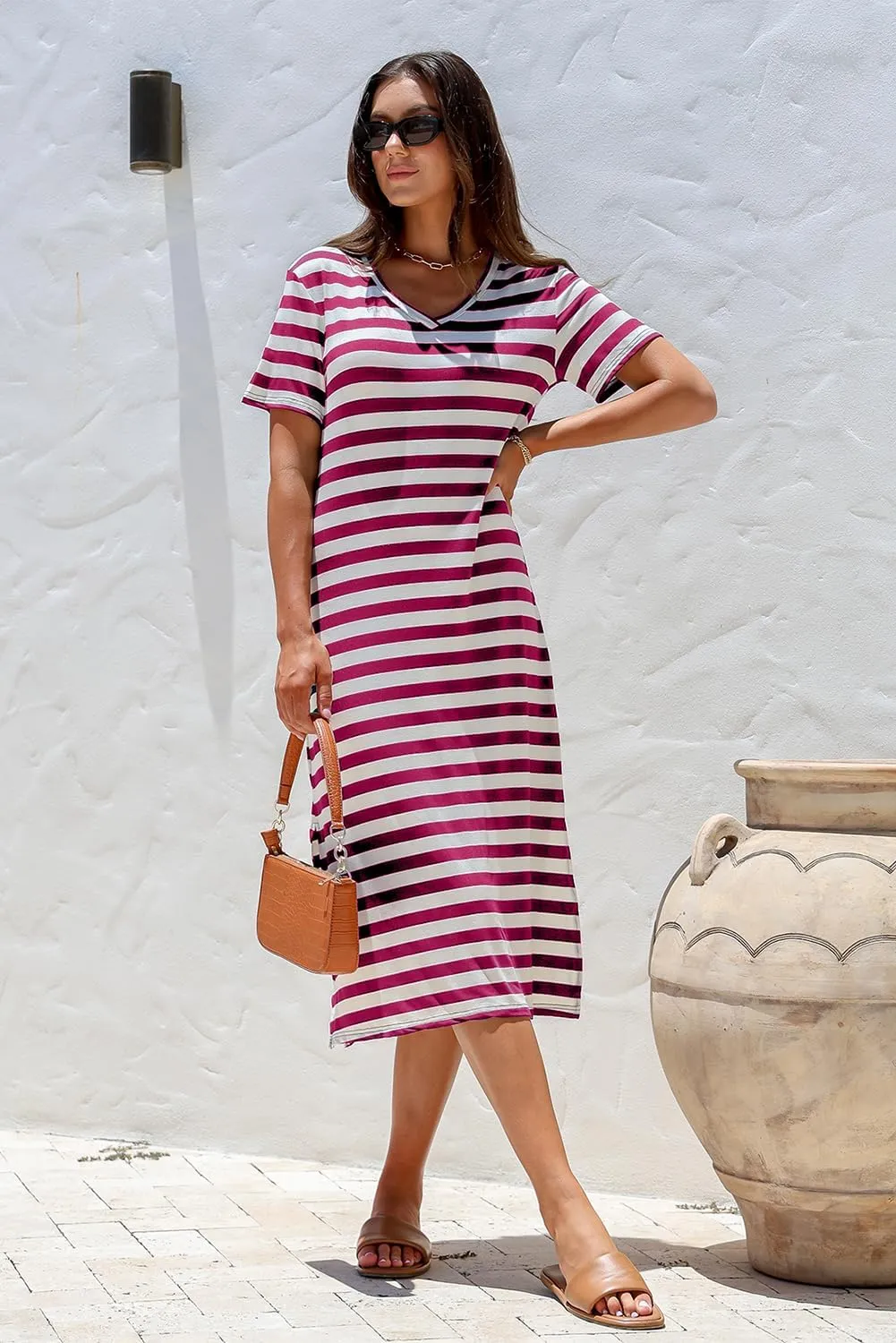 BLENCOT Women Summer Dress Striped Short Sleeve V Neck Sundress Casual Side Slit Beachwear T-Shirt Dresses