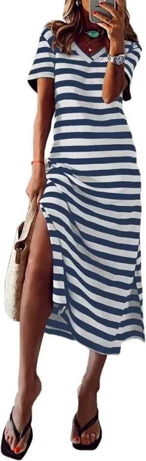 BLENCOT Women Summer Dress Striped Short Sleeve V Neck Sundress Casual Side Slit Beachwear T-Shirt Dresses
