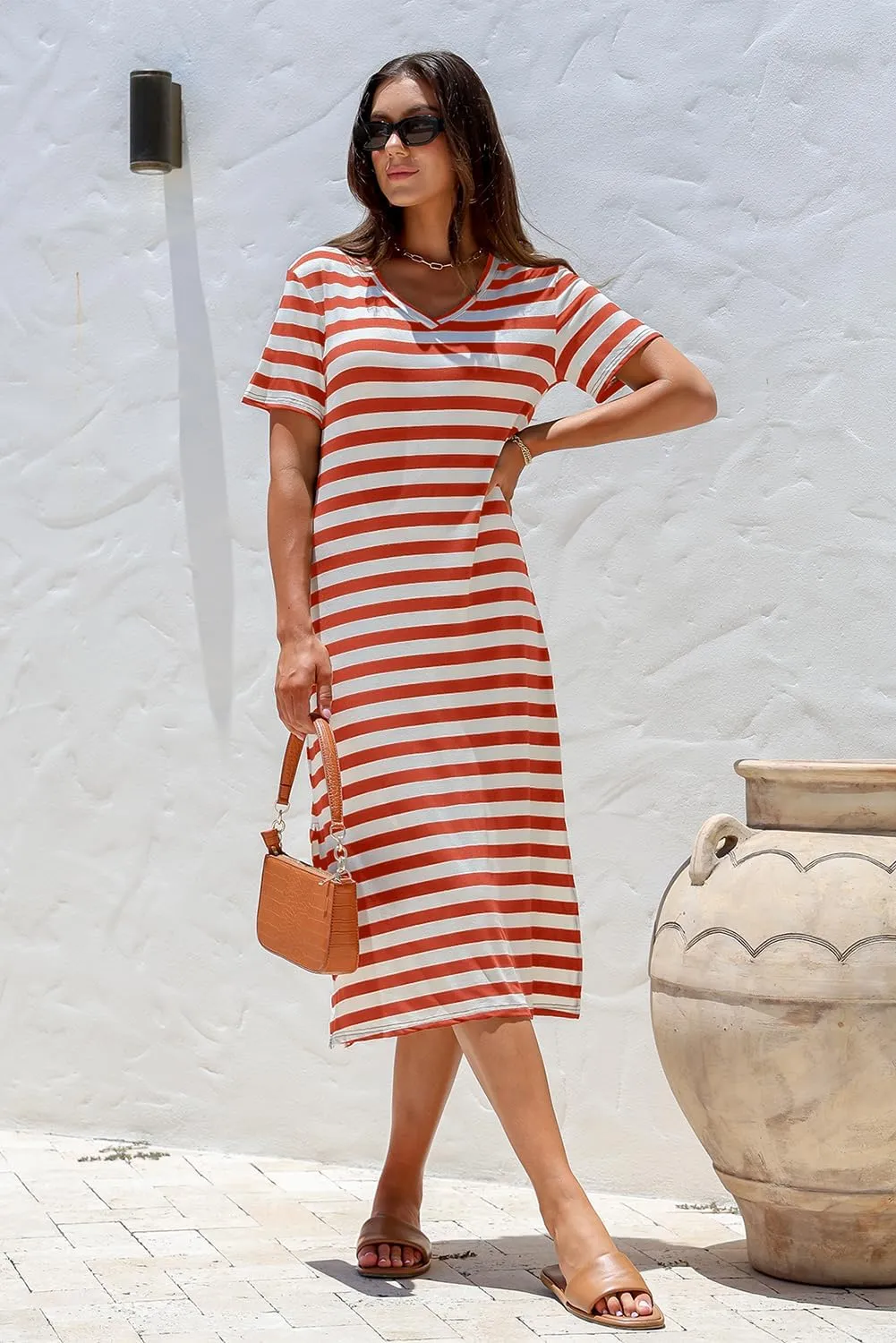 BLENCOT Women Summer Dress Striped Short Sleeve V Neck Sundress Casual Side Slit Beachwear T-Shirt Dresses