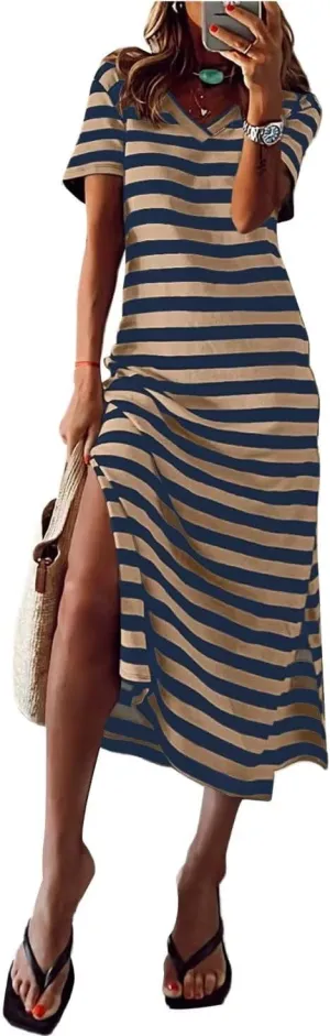 BLENCOT Women Summer Dress Striped Short Sleeve V Neck Sundress Casual Side Slit Beachwear T-Shirt Dresses