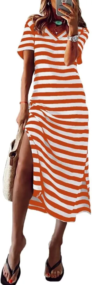 BLENCOT Women Summer Dress Striped Short Sleeve V Neck Sundress Casual Side Slit Beachwear T-Shirt Dresses