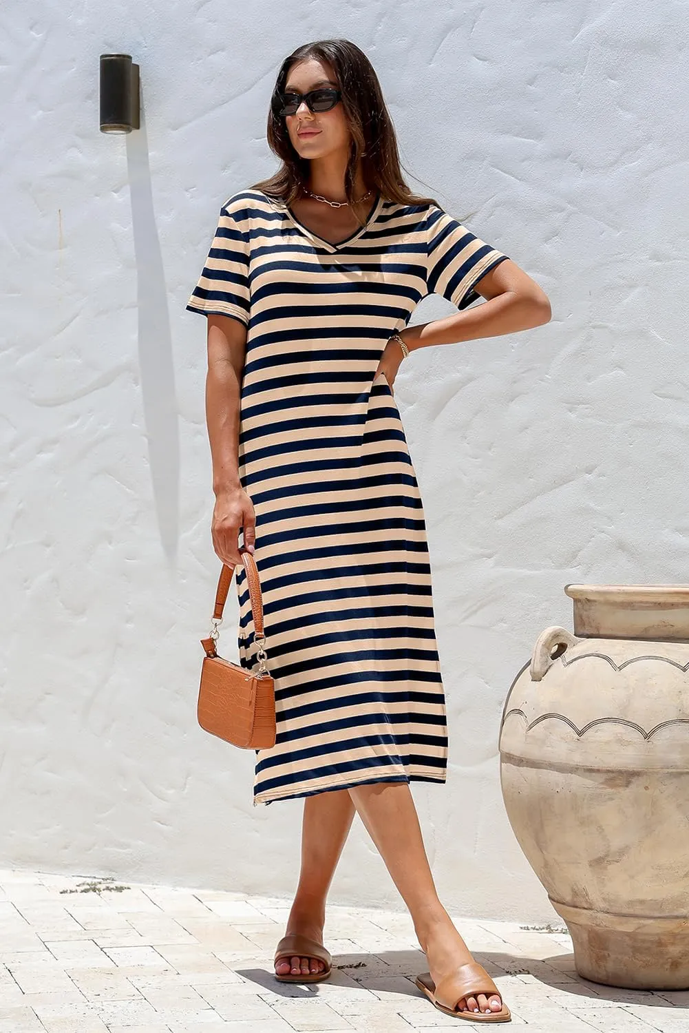 BLENCOT Women Summer Dress Striped Short Sleeve V Neck Sundress Casual Side Slit Beachwear T-Shirt Dresses