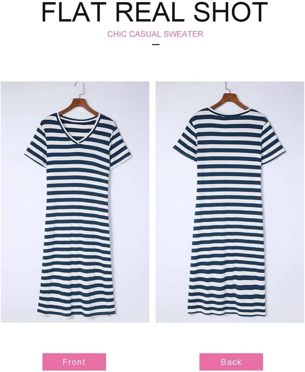 BLENCOT Women Summer Dress Striped Short Sleeve V Neck Sundress Casual Side Slit Beachwear T-Shirt Dresses