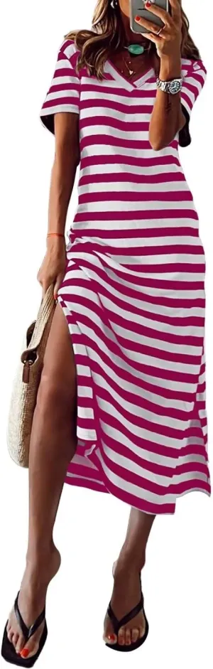BLENCOT Women Summer Dress Striped Short Sleeve V Neck Sundress Casual Side Slit Beachwear T-Shirt Dresses