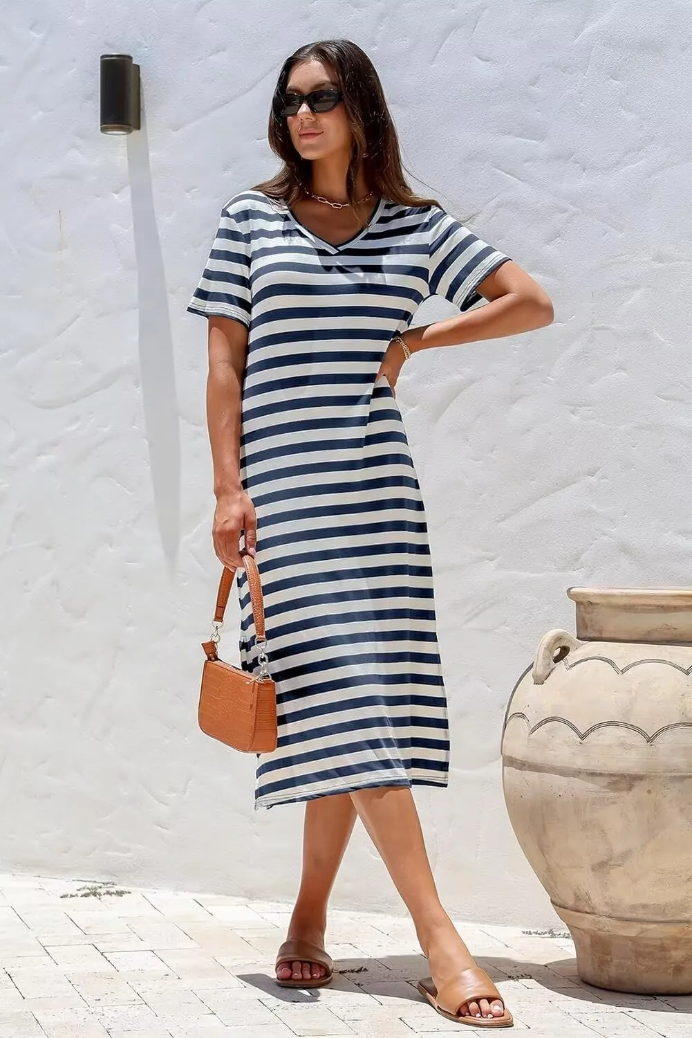 BLENCOT Women Summer Dress Striped Short Sleeve V Neck Sundress Casual Side Slit Beachwear T-Shirt Dresses
