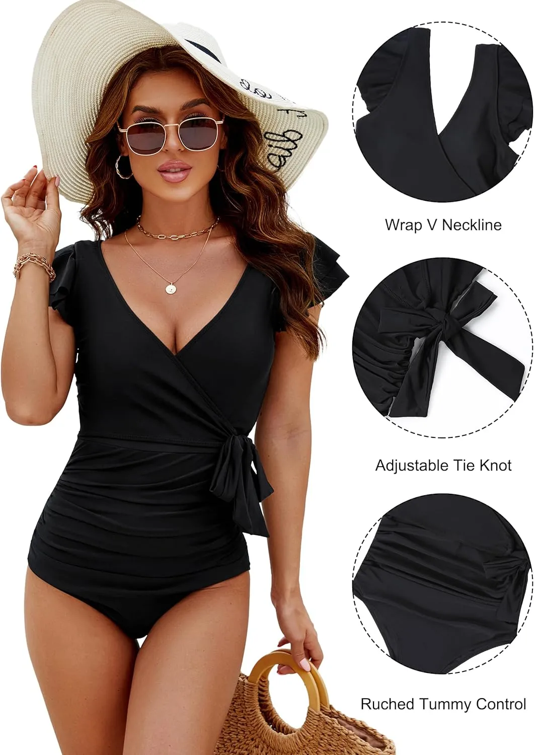 Blooming Jelly Women's Tummy Control Swimsuits Slimming One Piece Bathing Suit Ruffle Wrap V Neck Swimwear