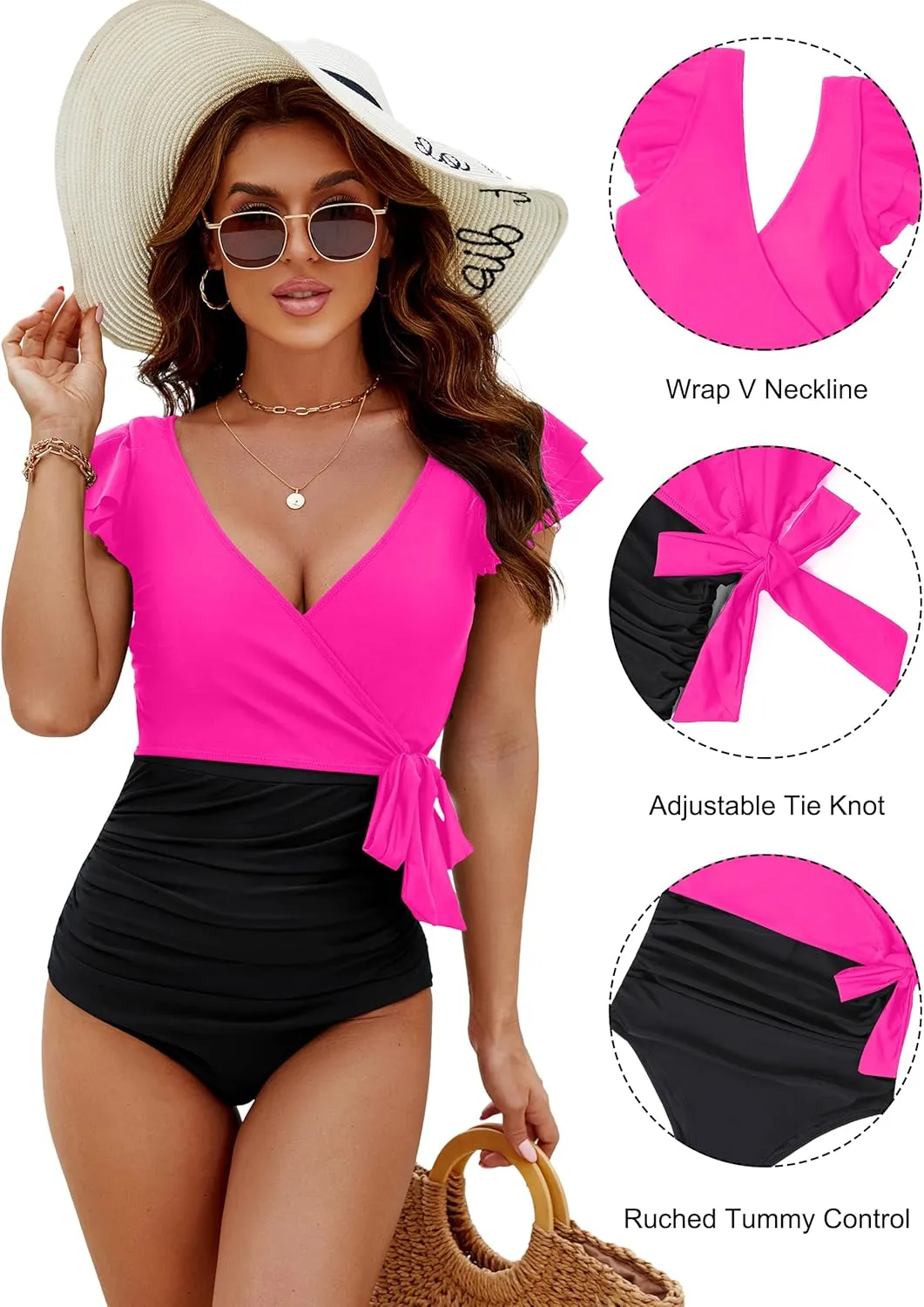 Blooming Jelly Women's Tummy Control Swimsuits Slimming One Piece Bathing Suit Ruffle Wrap V Neck Swimwear