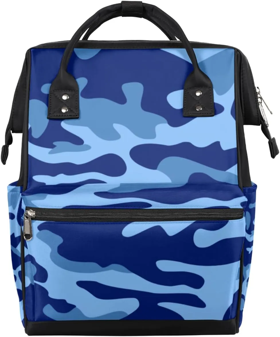 Blue Camouflage Camo Diaper Bag Tote Large Capacity Waterproof with Adjustable Shoulder Strap and Pram Straps Mommy Bag for Hospital Beach Weekender Travel