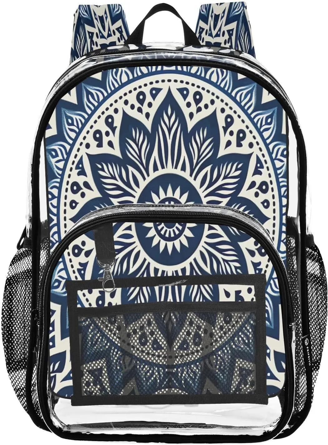 Blue Flower Mandala Clear Backpack with Back Print, Heavy Duty See Through Backpacks PVC Transparent Daypack for Travel Security