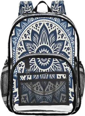 Blue Flower Mandala Clear Backpack with Back Print, Heavy Duty See Through Backpacks PVC Transparent Daypack for Travel Security