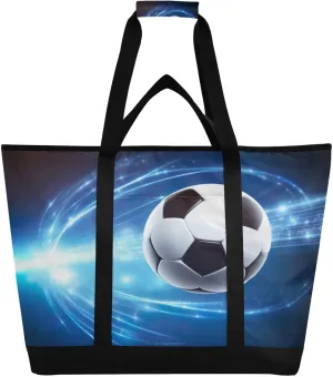 Blue Football Soccer Tote Bag for Women with Zipper Reusable Grocery Bags Foldable Insulated Cooler Bag Totes Shopping Bags Handbags for Groceries Travel Picnic Beach Work